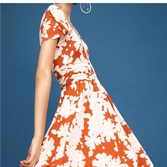 MAEVE Anthropologie Summer Breeze Dress S Orange/White Rayon Knit Ruched Waist - Picture 2 of 15